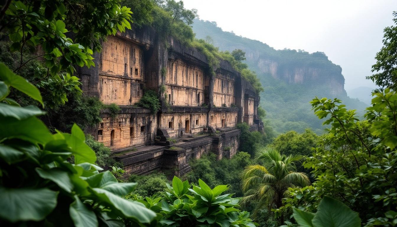 Blick auf den Sigiriya-Felsen in Sri Lanka umgeben von tropischem Dschungel bei bewölktem Himmel