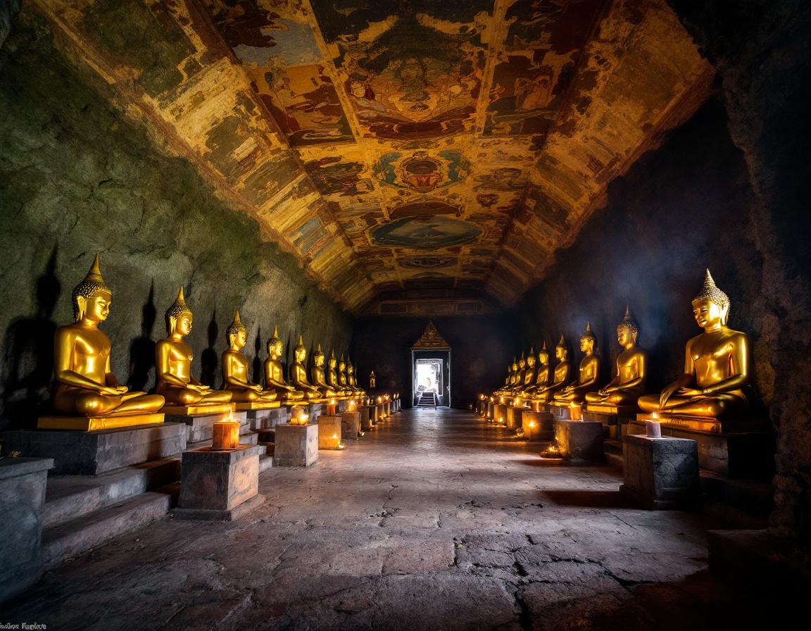 Innenraum der Höhlentempel von Dambulla mit vergoldeten Buddhastatuen und bemalter Felsendecke