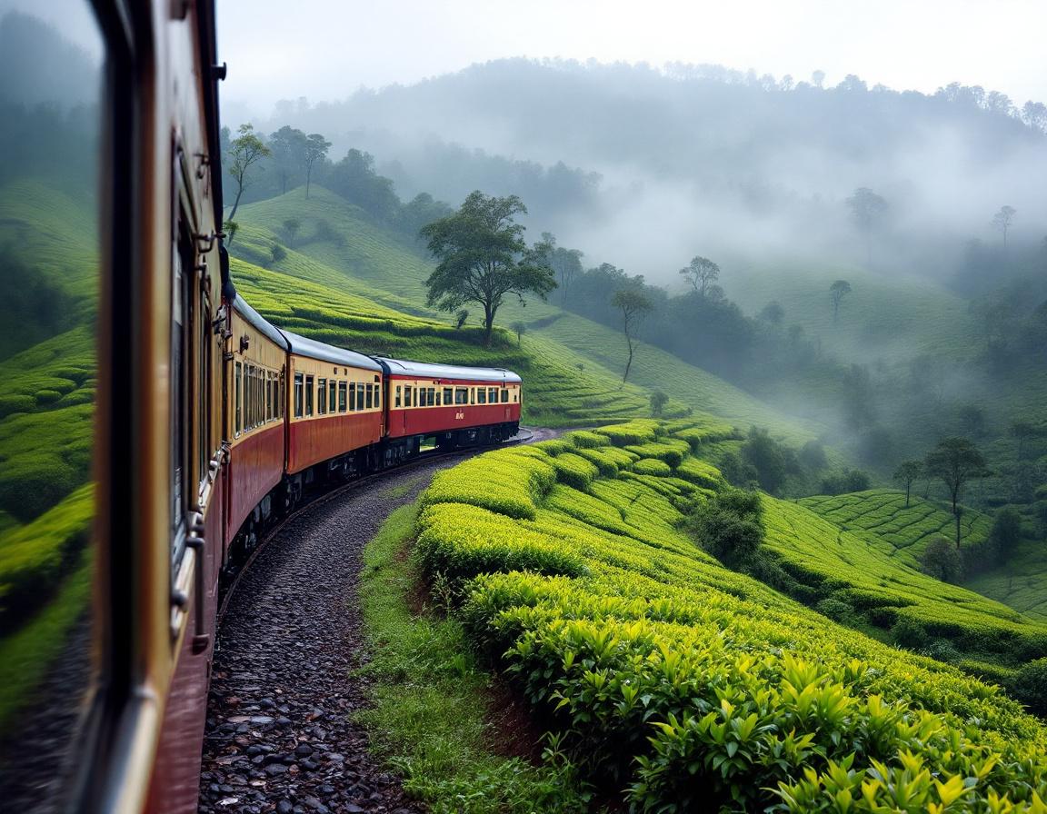 Zug faehrt durch gruene Teeplantagen im Hochland von Nuwara Eliya in Sri Lanka