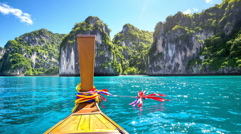 Blick von einem Longtail-Boot auf die sonnigen Kalksteinfelsen der Phi-Phi-Inseln in Südthailand