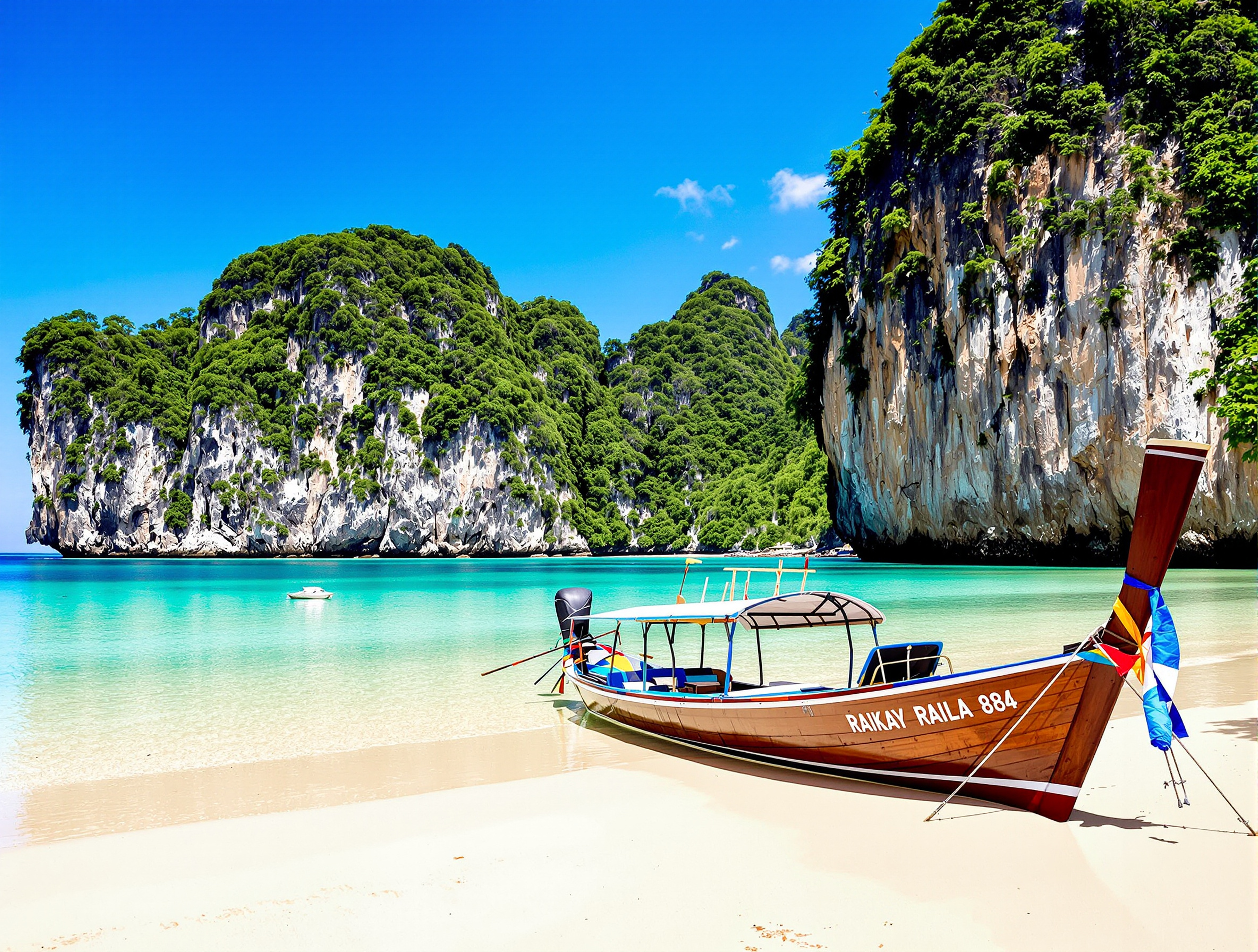 Sonniger Sandstrand der Railay Bay bei Krabi mit türkisem Wasser und Kalksteinfelsen