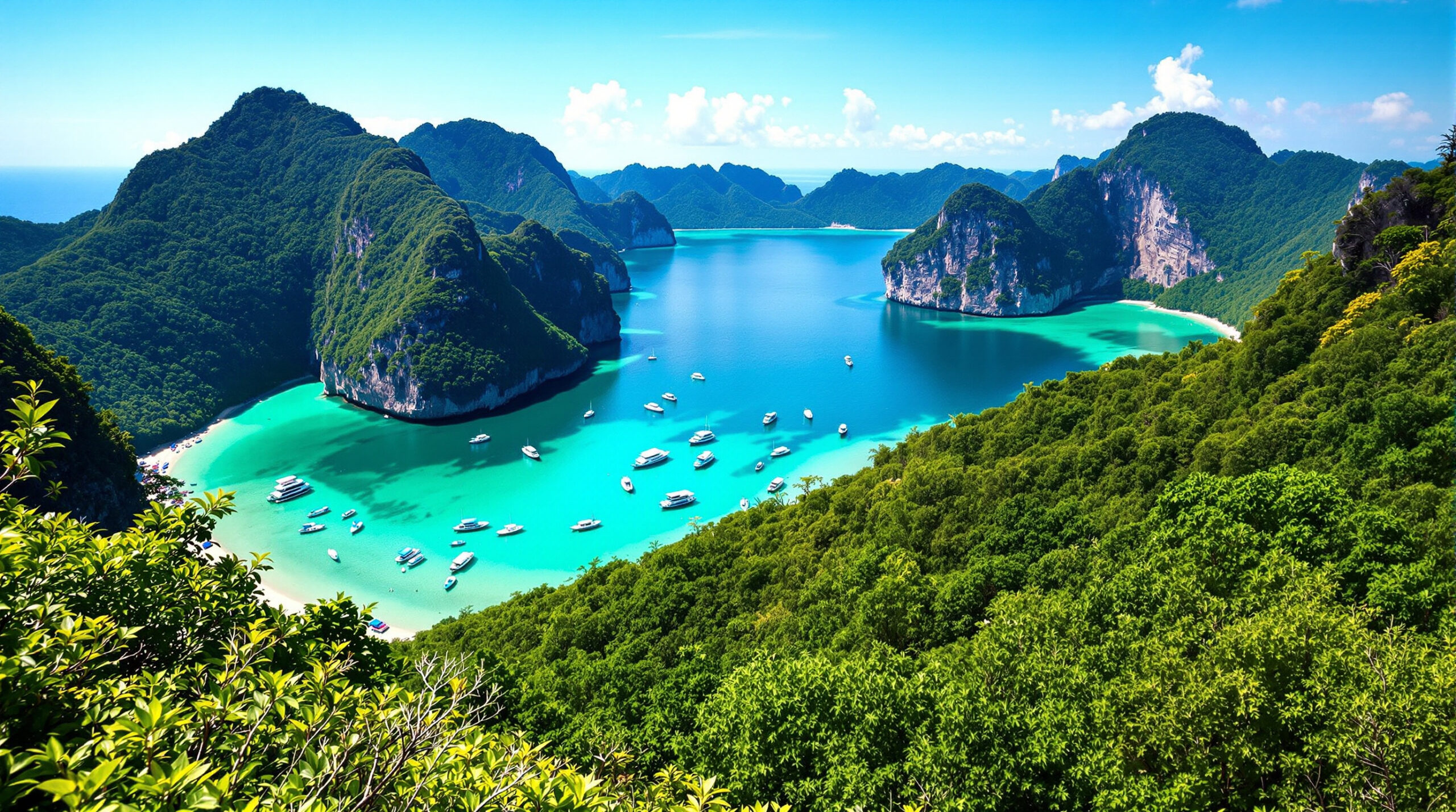 Panoramablick vom Aussichtspunkt über die türkisen Zwillingsbuchten der Phi-Phi-Inseln in Südthailand