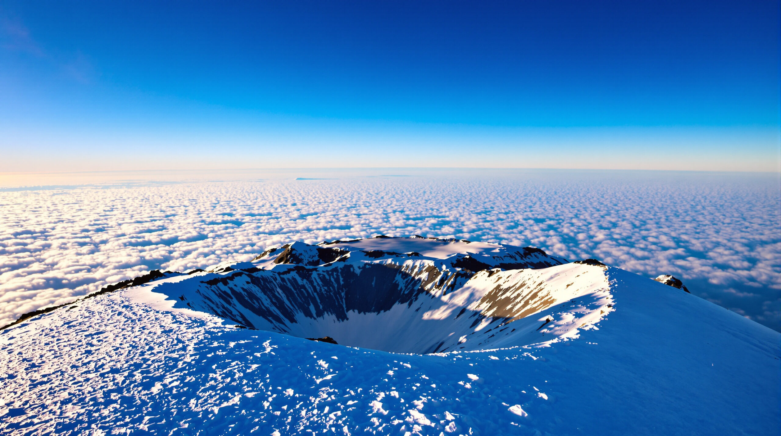 Kilimanjaro Uhuru Peak Gipfel mit schneebedecktem Kraterrand bei strahlendem Sonnenlicht