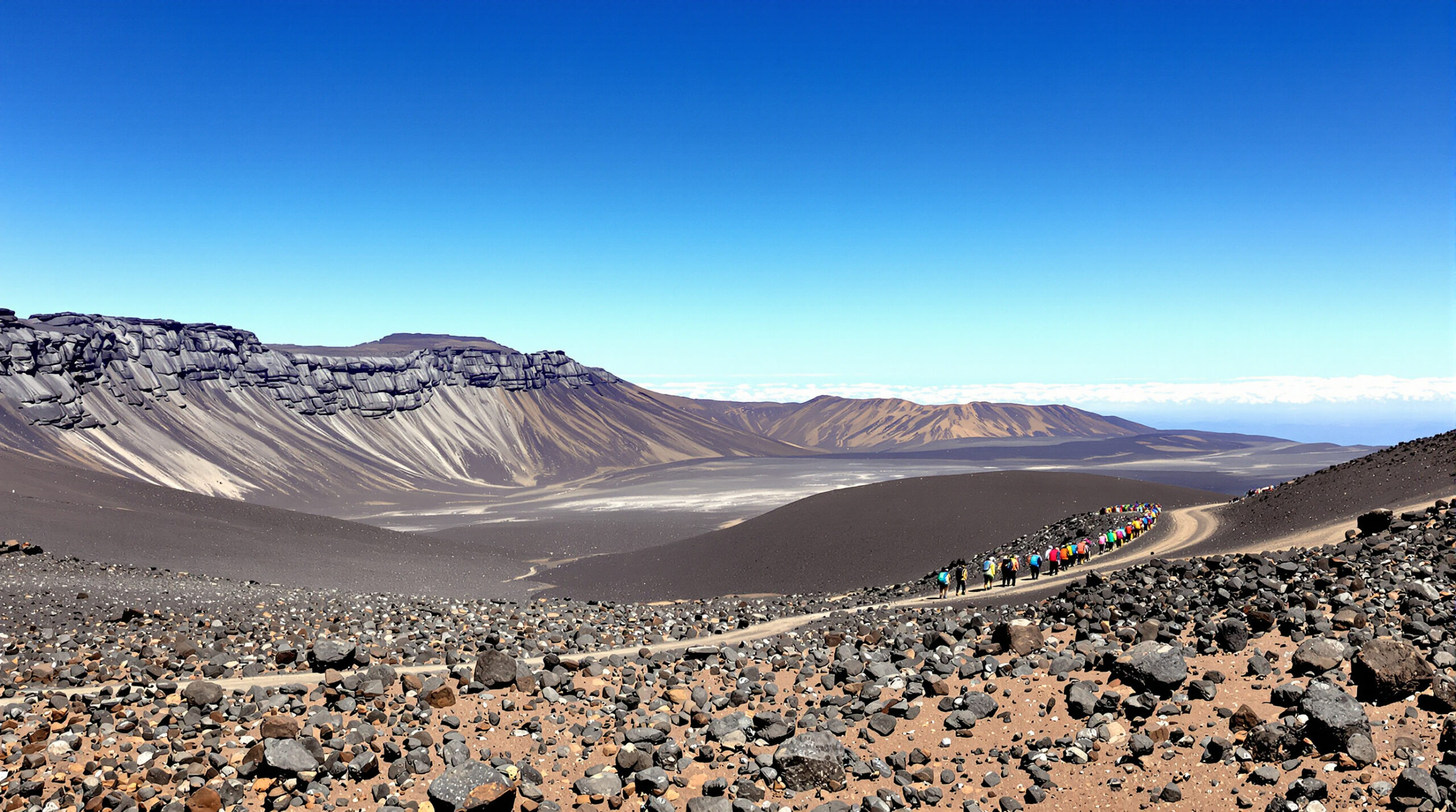 Panoramablick vom Kilimanjaro-Sattel auf die Mondlandschaft beim Aufstieg zur Kibo Hütte