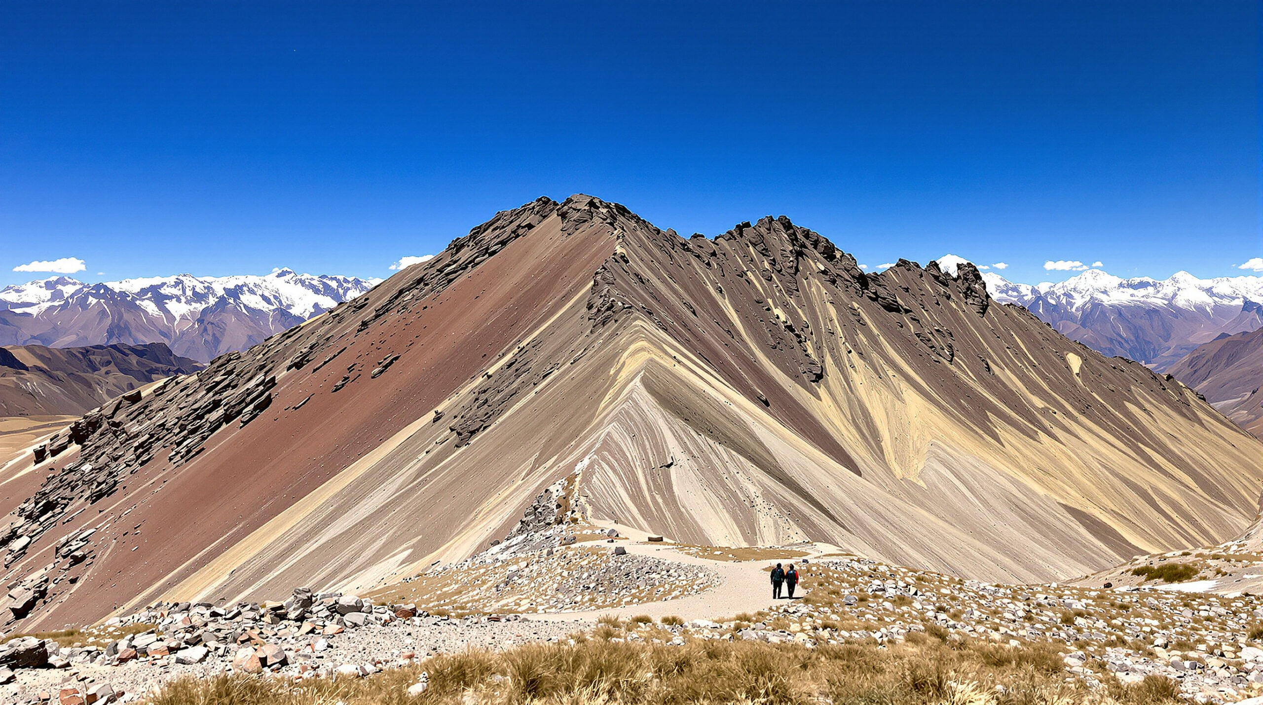 Vinicunca Regenbogen-Berg bei Cusco in Peru mit erdfarbenen Mineralschichten und Wanderpfad