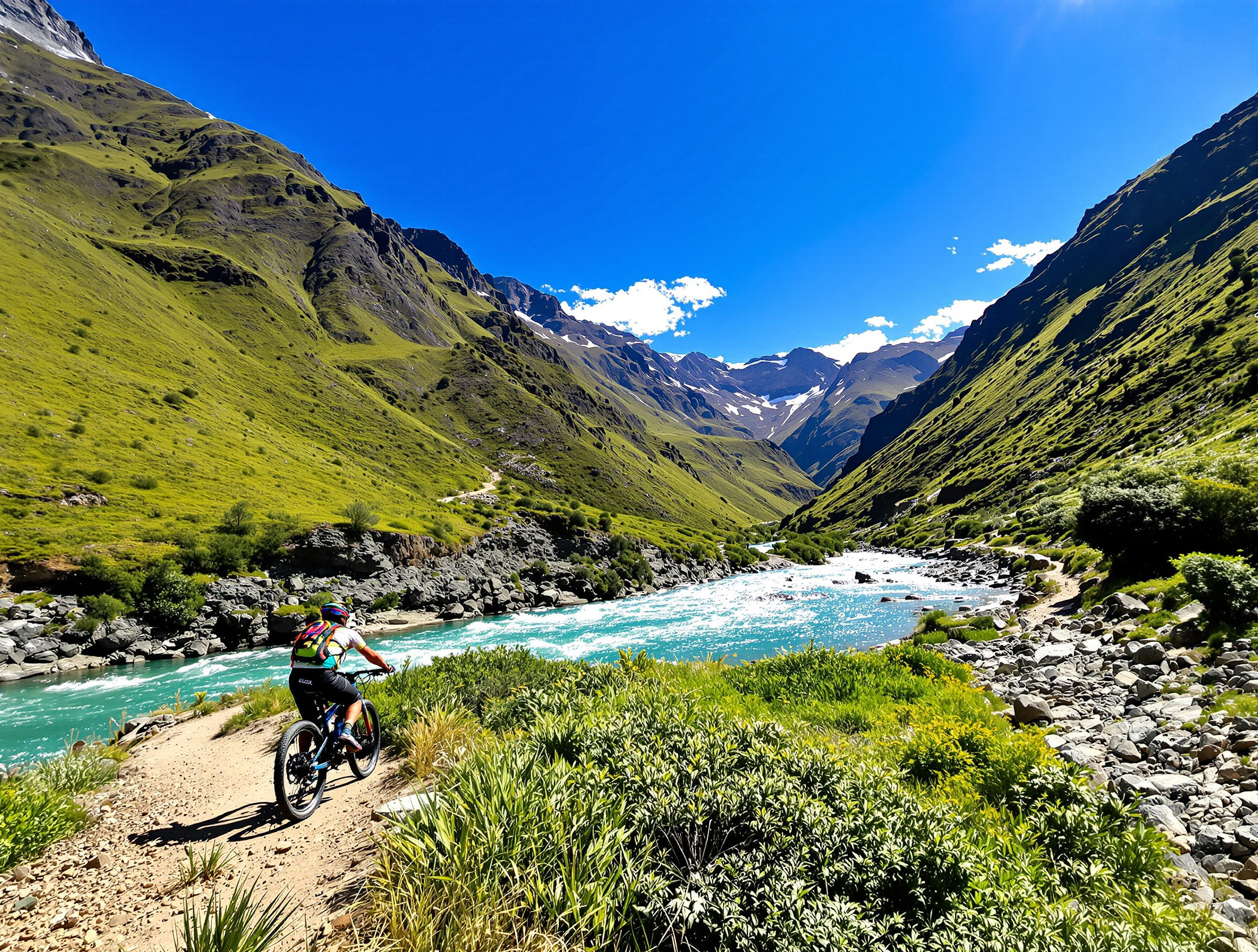 Mountainbiker auf dem Malaga Pass in Peru mit grüner Andenberglandschaft