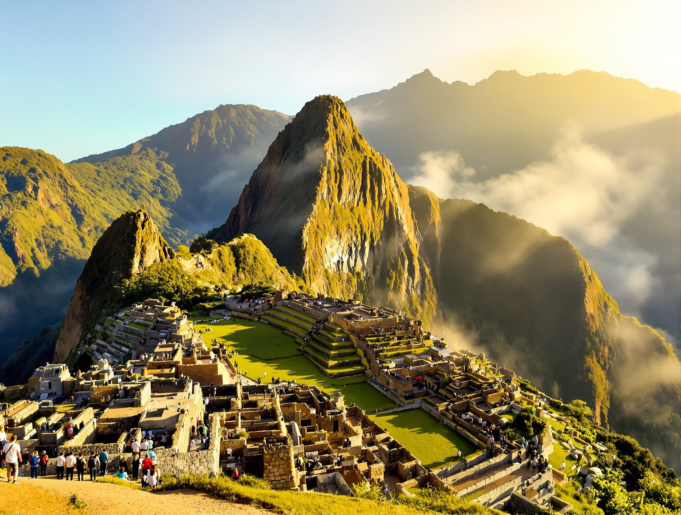Machu Picchu im goldenen Morgenlicht mit grünen Andengipfeln und Nebel im Tal, Peru