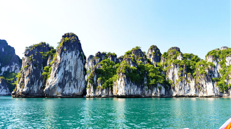 Bootsfahrt durch die Halong Bay in Vietnam mit Kalksteinfelsen und smaragdgrünem Wasser