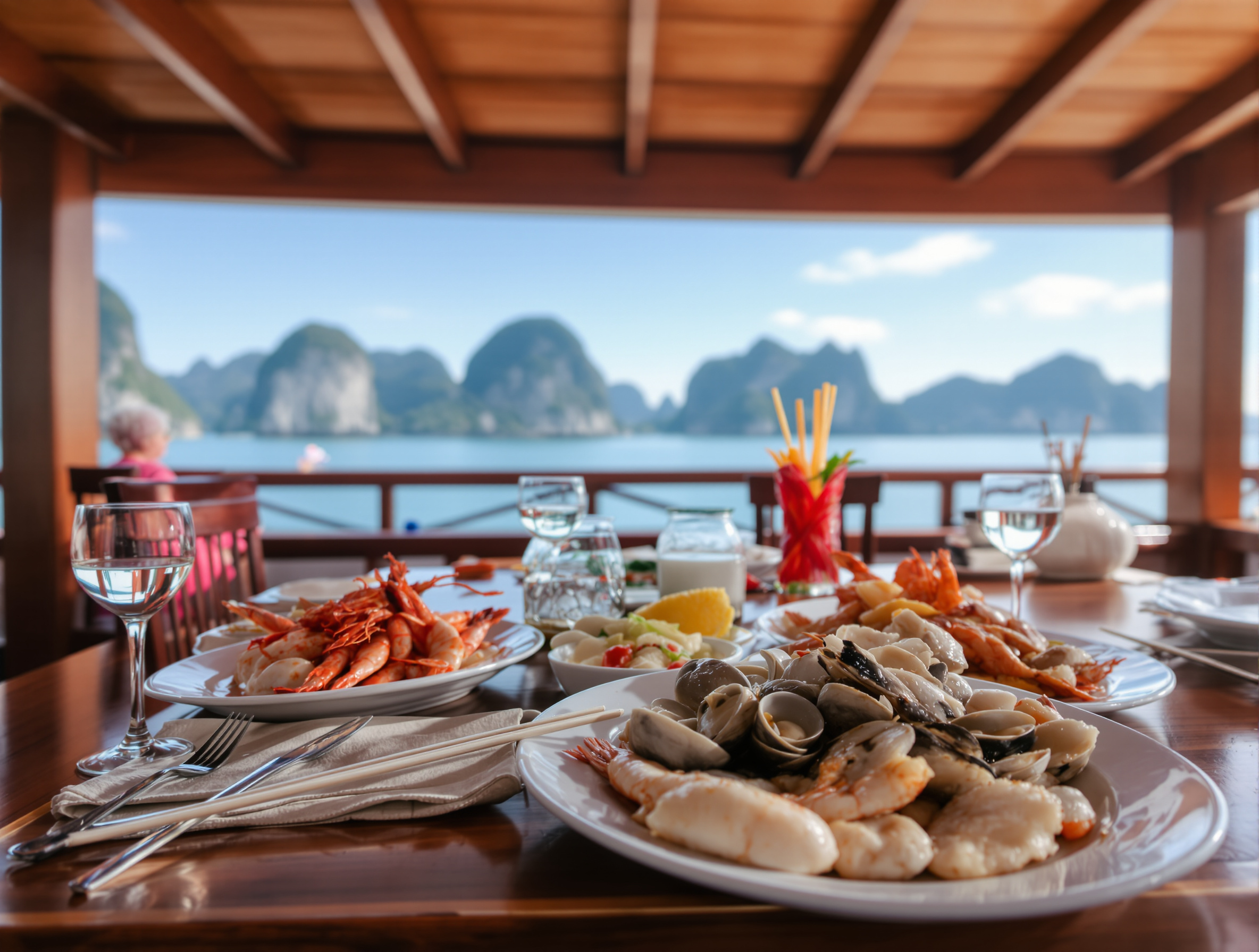 Frisches Meeresfrüchte-Mittagessen an Bord eines Bootes in der Halong Bay Vietnam